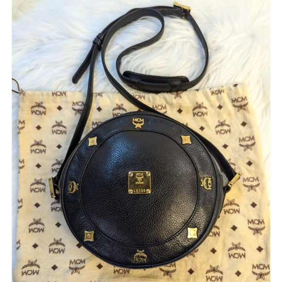 MCM Bag Black Tambourine Shoulder Crossbody Bag Authentic Vintage Purse Round - Picture 2 of 16